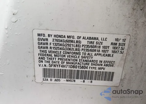 2013 Honda Pilot Ex-L z USA, uszkodzony, nr VIN 5FNYF4H71DB015804